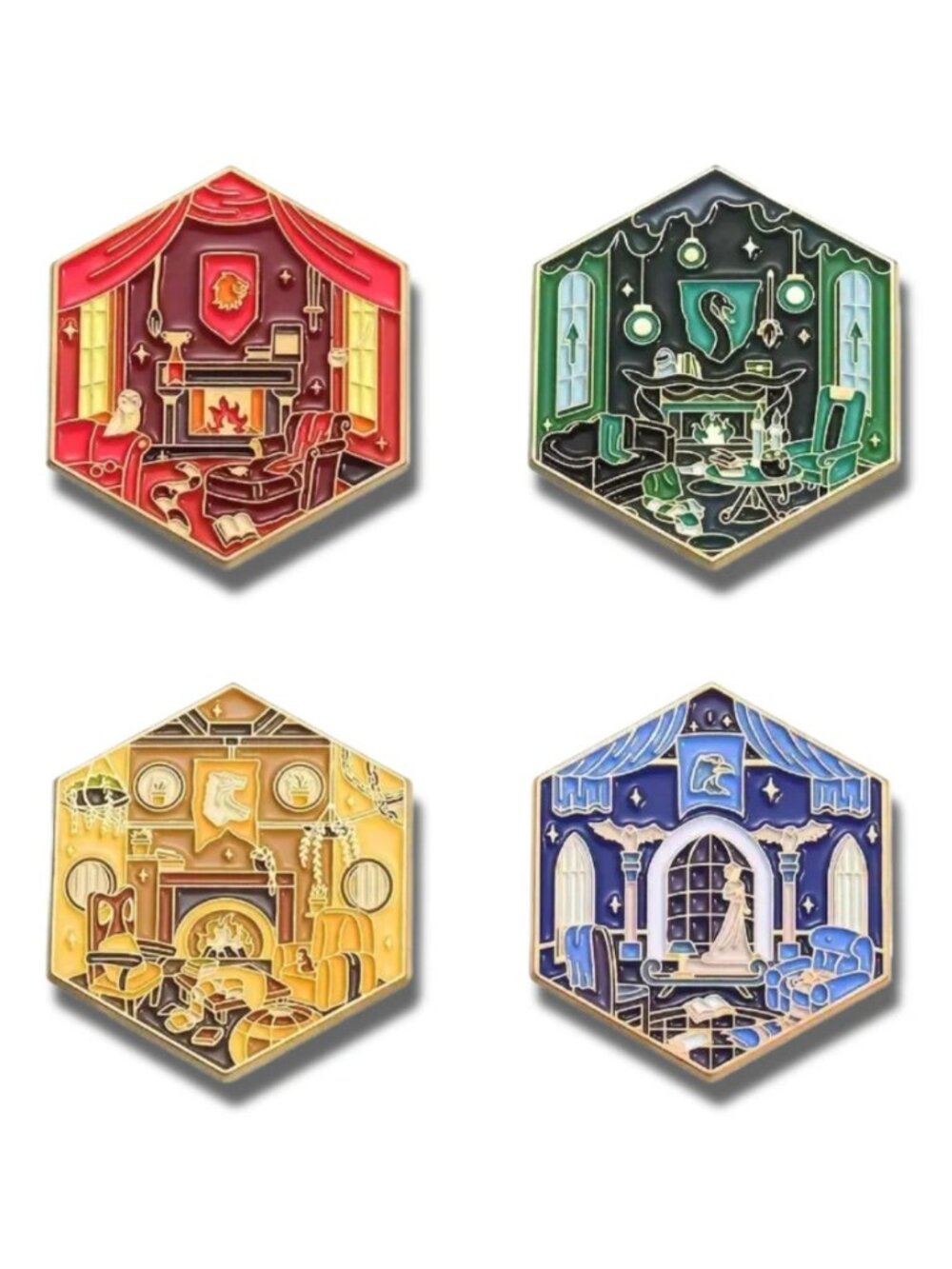 COMMON ROOM PIN SET (Pack of 4) - Pins for Lapel/Backpack/Hat Wizarding Brooches